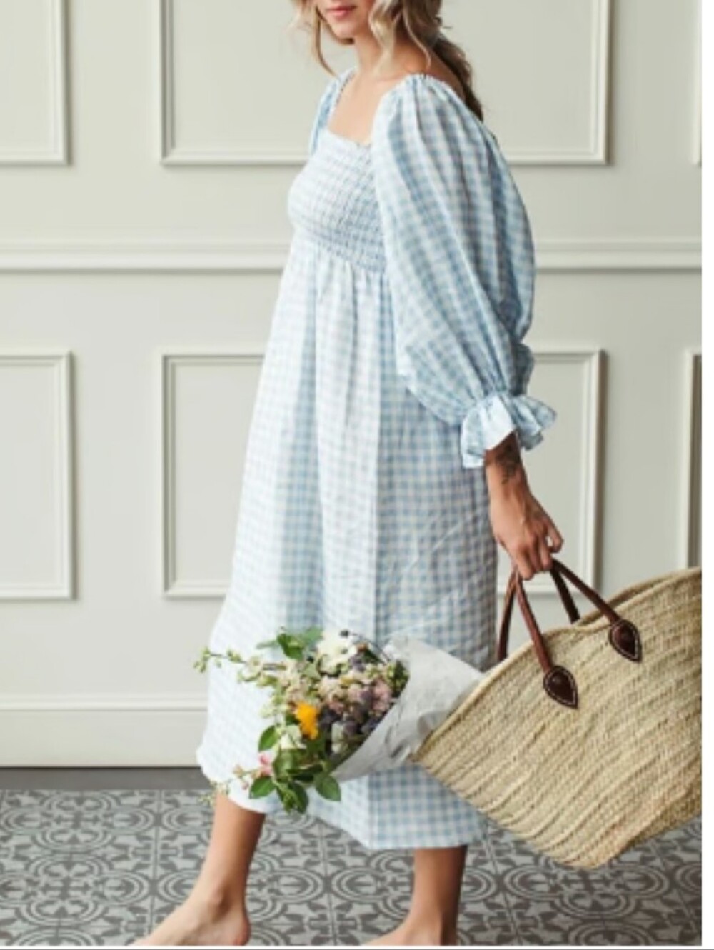 SLEPPER Atlanta Gingham Blue Smocked Dress Size Large